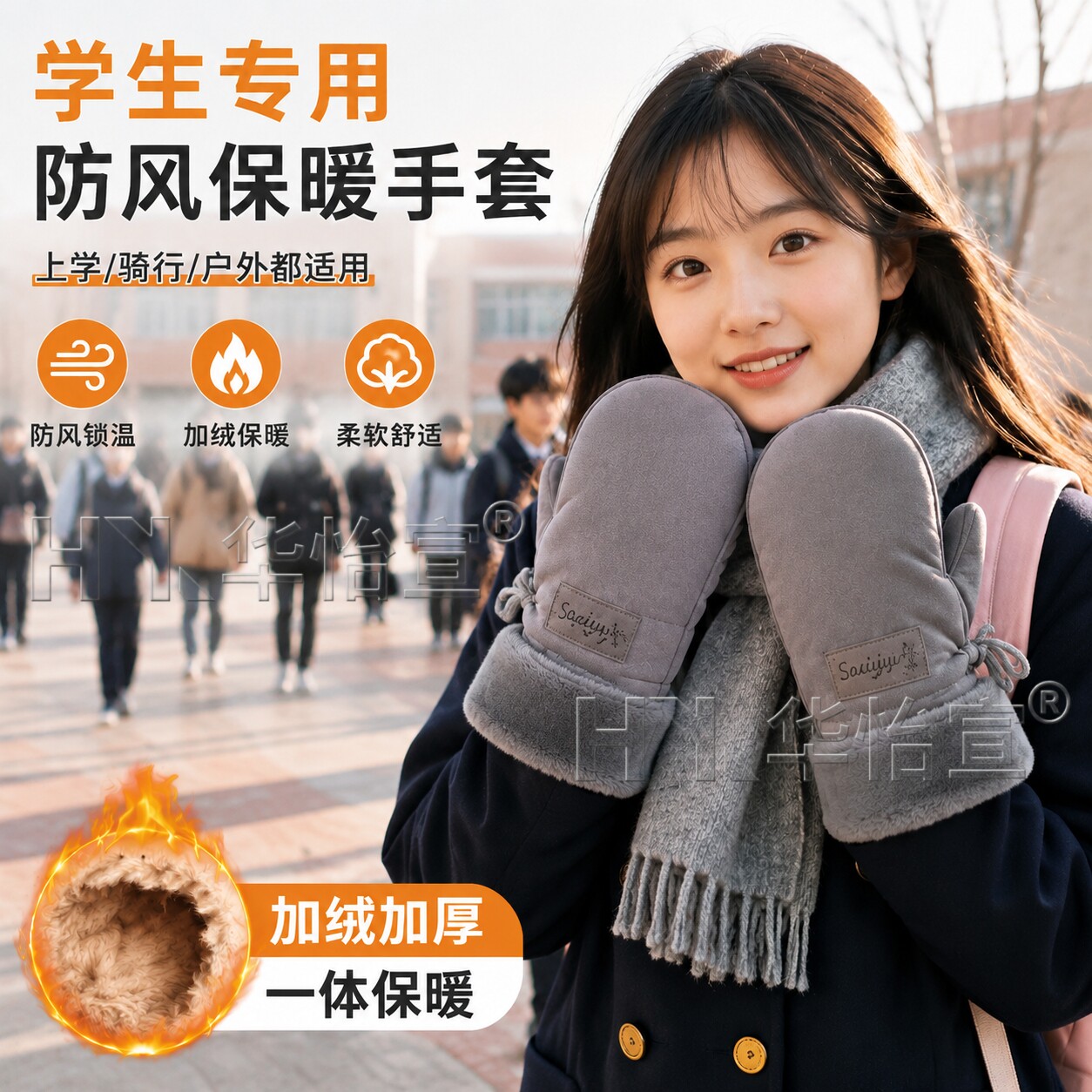 东北哈尔滨防寒手套冬季学生上学挂脖滑雪加厚保暖骑行连指手闷子