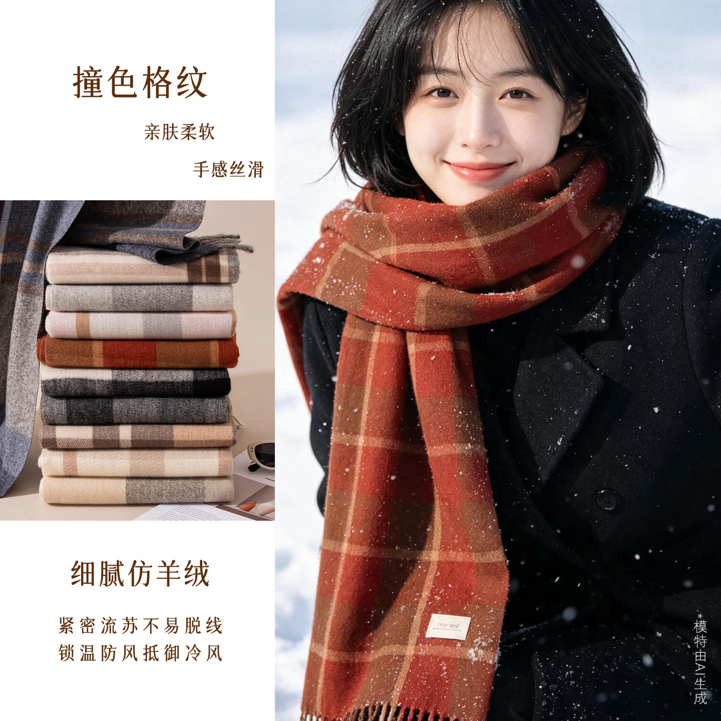 围巾女士冬季高级感灰色格子仿羊绒围巾设计感时尚保暖围脖披肩男