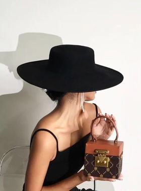 白色法式赫本风平顶礼帽女复古男款英伦驼色黑色骑士宽檐毛呢帽子