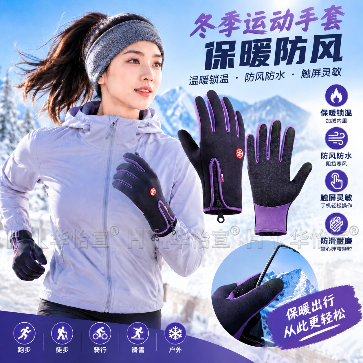 女士跑步手套冬季登山徒步男款开车骑行骑车滑雪防风保暖触屏全指