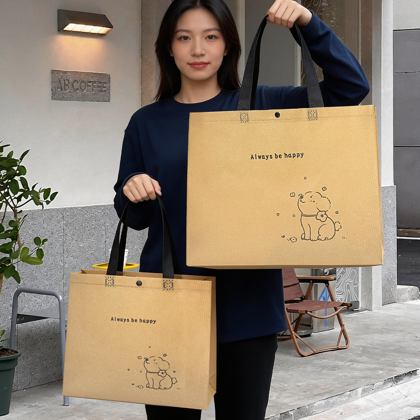 褐色暗扣无纺布服装店环保手提购物袋可肩背装衣服打包袋批发定制