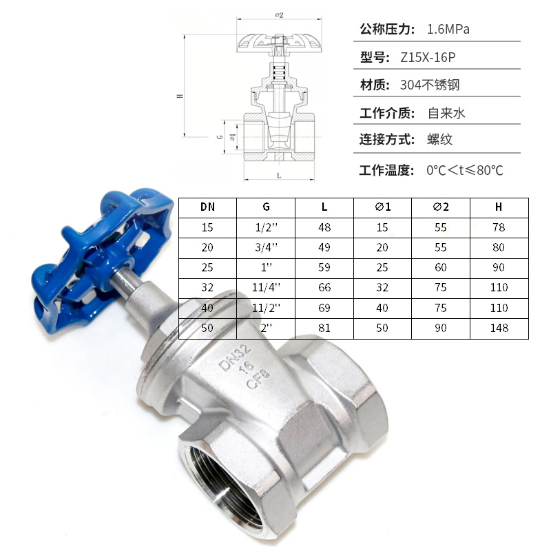 304不锈钢闸阀橡胶瓣软密封零泄露4分6分1寸自来水管开关丝口阀门