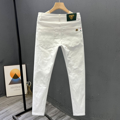 牛仔裤修身九分裤男士白色裤子