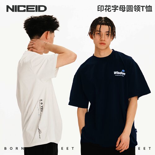 NICEID NICE 印花字母圆领运动美式T恤落肩潮流宽松篮球短袖男女