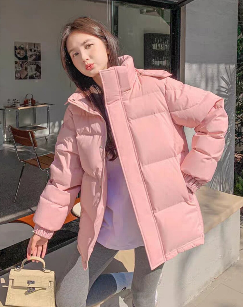 粉色短款羽绒服女连帽宽松外套2024新款中戏90白鸭绒韩版情侣冬装