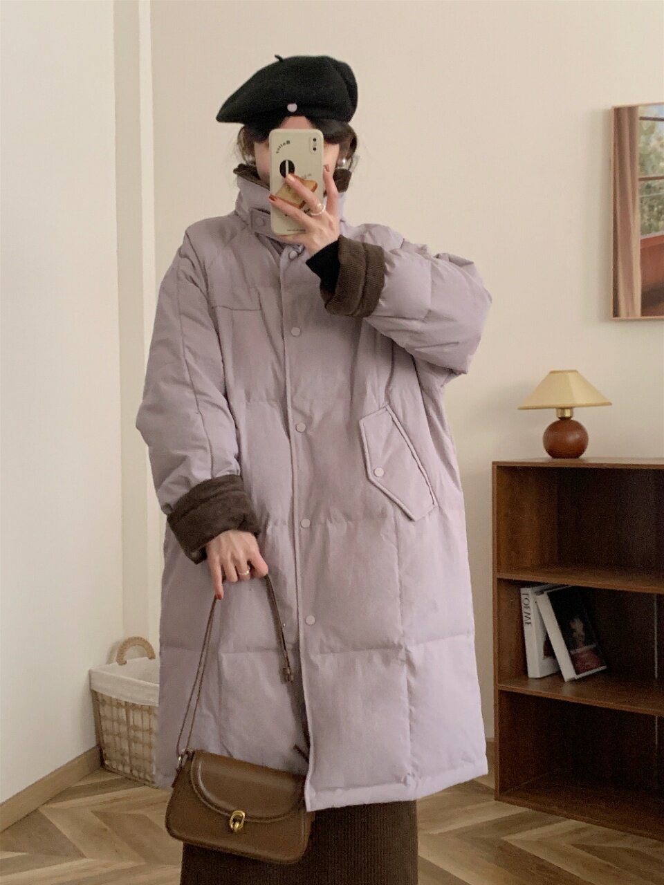 2024秋冬新款韩版灯芯绒翻领拼接长款羽绒服女过膝加厚宽松白鸭绒