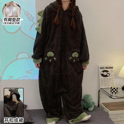 连体睡衣女冬季珊瑚绒加绒加厚带胸垫长袖家居服孕妇长款睡裙保暖
