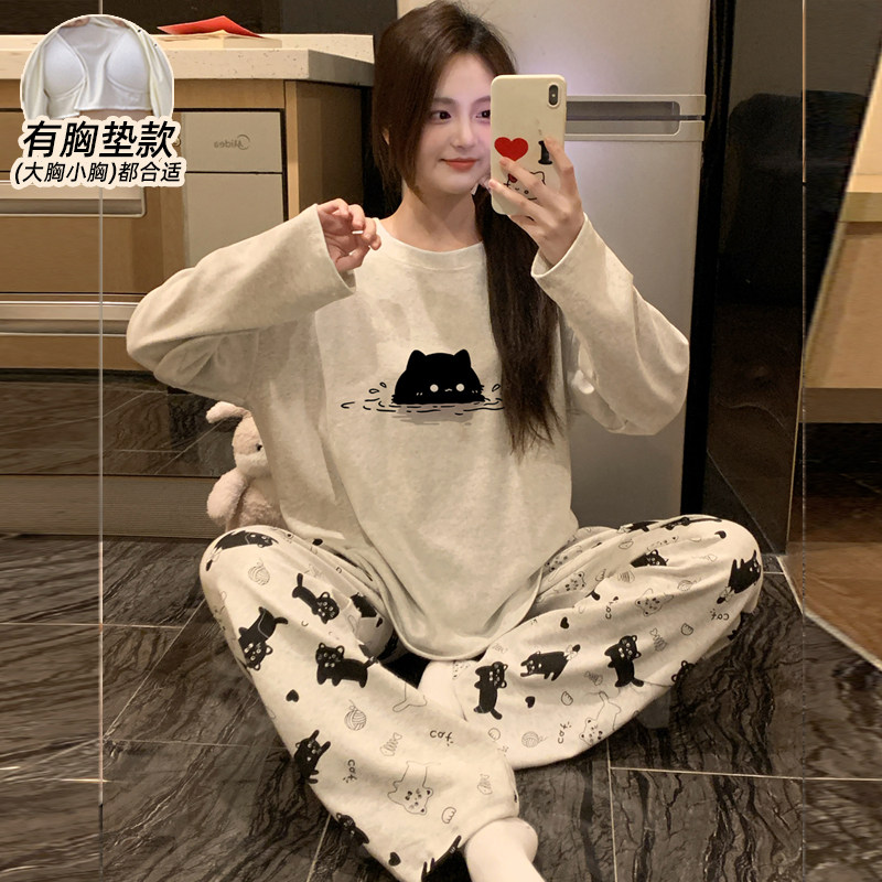 睡衣女带胸垫春秋季纯棉2026年新款长袖100全棉卡通可外穿家居服