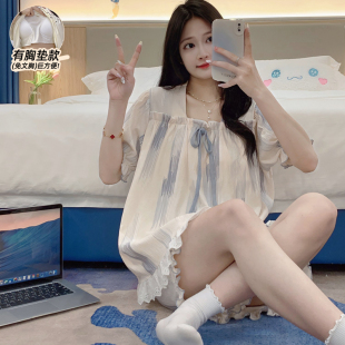 甜美可爱2024年新款 带胸垫纯棉睡衣女夏季 夏天薄款 短袖 家居服套装