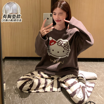 秋冬季睡衣女款德绒加厚带胸垫