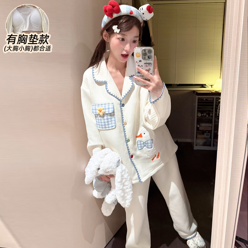 秋冬睡衣女款防凸点带胸垫长袖