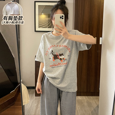 睡衣女款夏纯棉带胸垫短袖可外穿