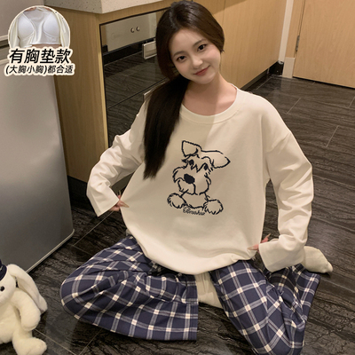 纯棉带胸垫春秋季睡衣女款可外穿
