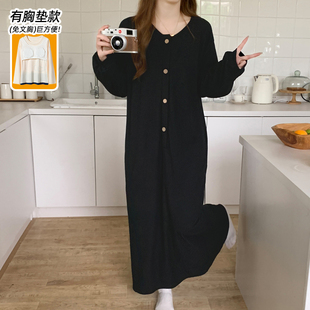 甜美胖MM家居服 过膝睡衣2024新款 长袖 睡裙女春秋带胸垫纯棉加长款