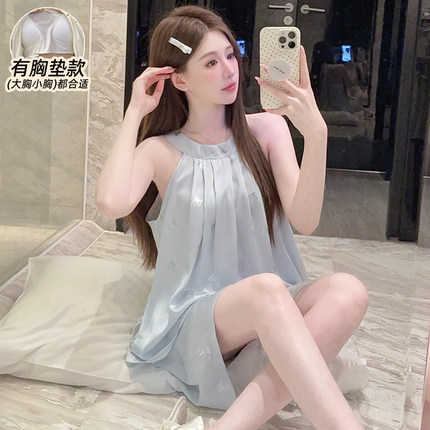 睡衣女款夏带胸垫仿真丝绸冰丝性感挂脖背心2025新款可爱卡通套装