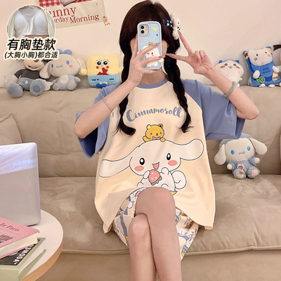 睡衣女款夏带胸垫纯棉短袖可外穿