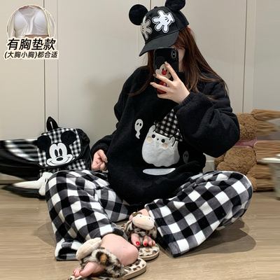 睡衣女款冬季带胸垫保暖加绒加厚