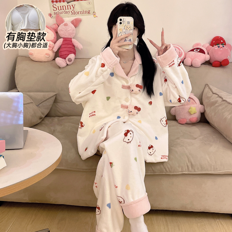 睡衣女款带胸垫保暖加绒加厚卡通