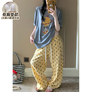 米奇睡衣女带胸垫夏季纯棉短袖长裤卡通2026新款薄款可外穿居家服