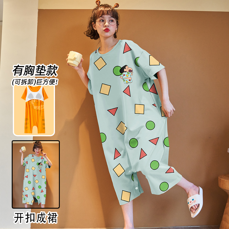 连体睡衣女款夏纯棉带胸垫短袖