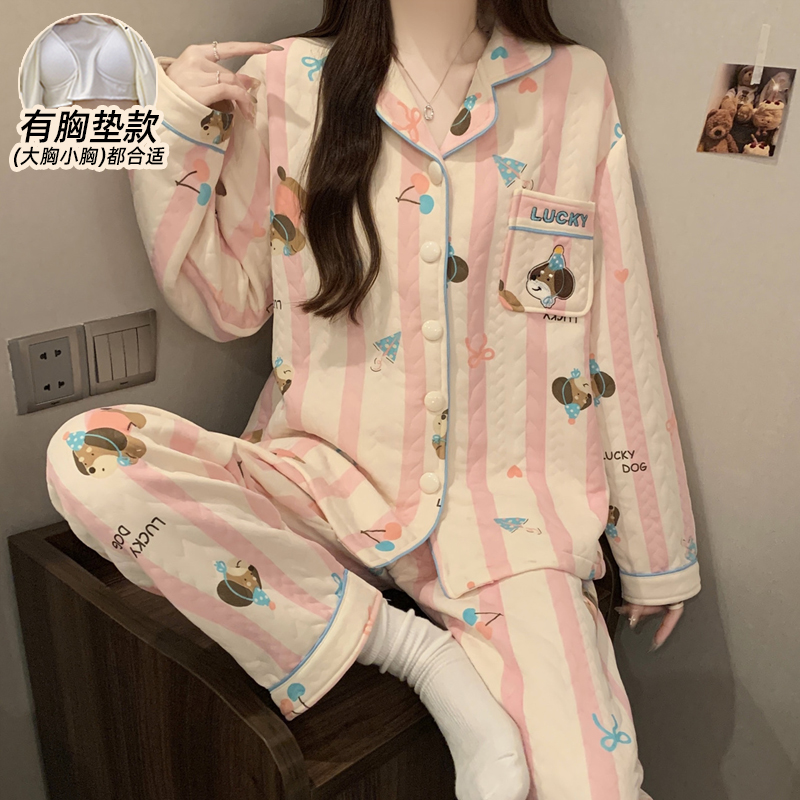 加厚睡衣女款秋冬季空气棉夹层