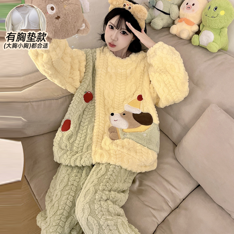 冬季睡衣女款保暖带胸垫加绒加厚