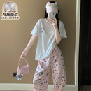 夏带胸垫短袖 2025新款 长裤 可外穿套装 纯棉网红款 可爱KT猫睡衣女款