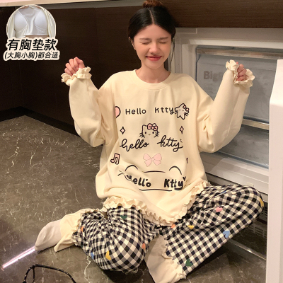 秋冬季睡衣女款带胸垫长袖德绒