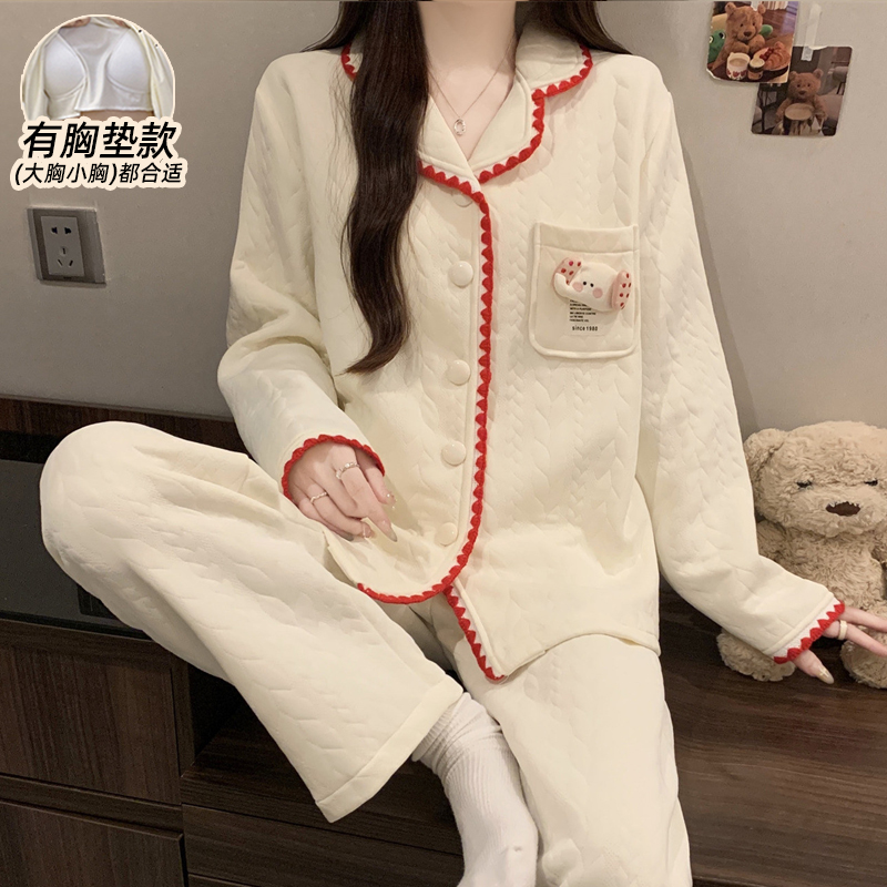 秋冬季睡衣女款带胸垫长袖空气棉