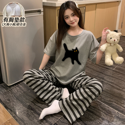 带胸垫睡衣女款夏纯棉短袖可外穿