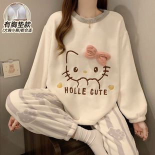 KT猫睡衣女款冬季加厚加绒珊瑚绒法兰绒带胸垫可外穿套装2025新款