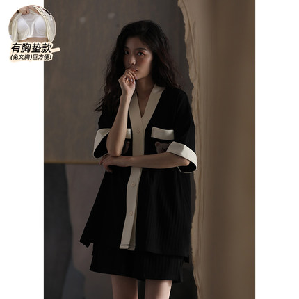 冰丝睡衣女夏款带胸垫防真丝绸短袖短裤开衫宽松居家服时尚可外穿