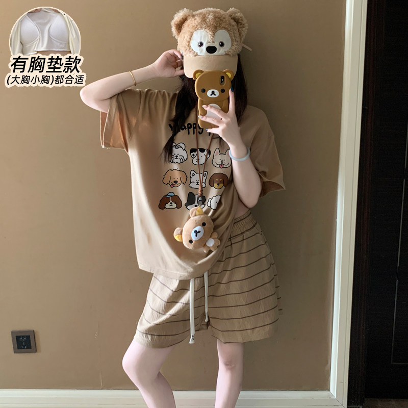 带胸垫纯棉睡衣女款夏短袖2026新款加大码可爱卡通少女薄款居家服