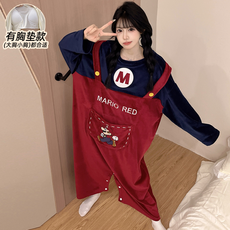 连体睡衣女冬季带胸垫珊瑚绒卡通