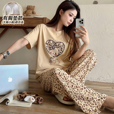 睡衣女款夏纯棉带胸垫短袖网红款