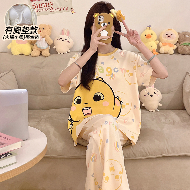 睡衣女款夏带胸垫纯棉短袖可外穿