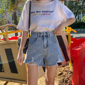 潮ins夏天薄款 高腰显瘦阔腿宽松a字超短热裤 女夏2021新款 牛仔短裤