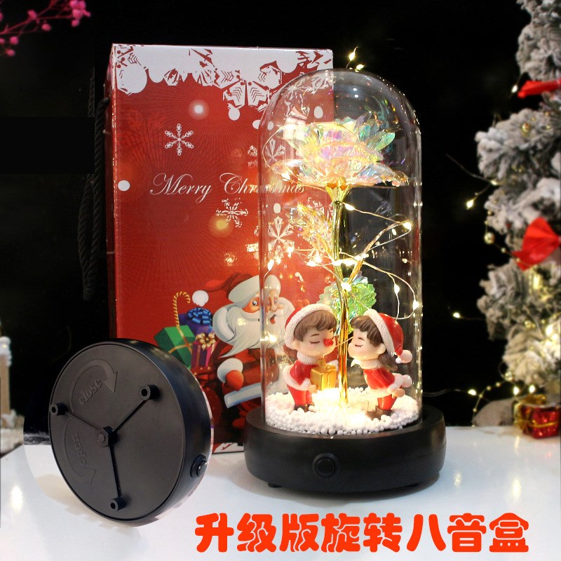 新品圣诞节创意玻璃LE灯罩 金箔玫瑰花发光圣诞情侣玩偶