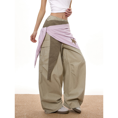 梁拌泡菜美式复古大口袋卡其色弯刀工装裤男女设计感宽松直筒休闲