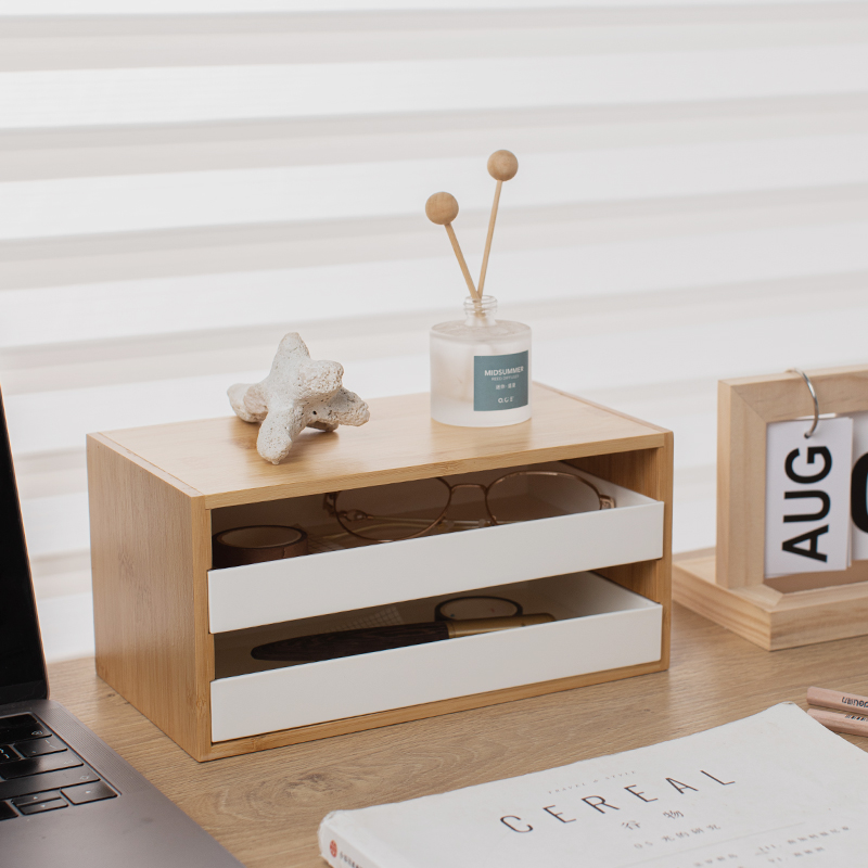 简约桌面收纳盒楠竹抽屉式文具整理盒玄关钥匙杂物置物架