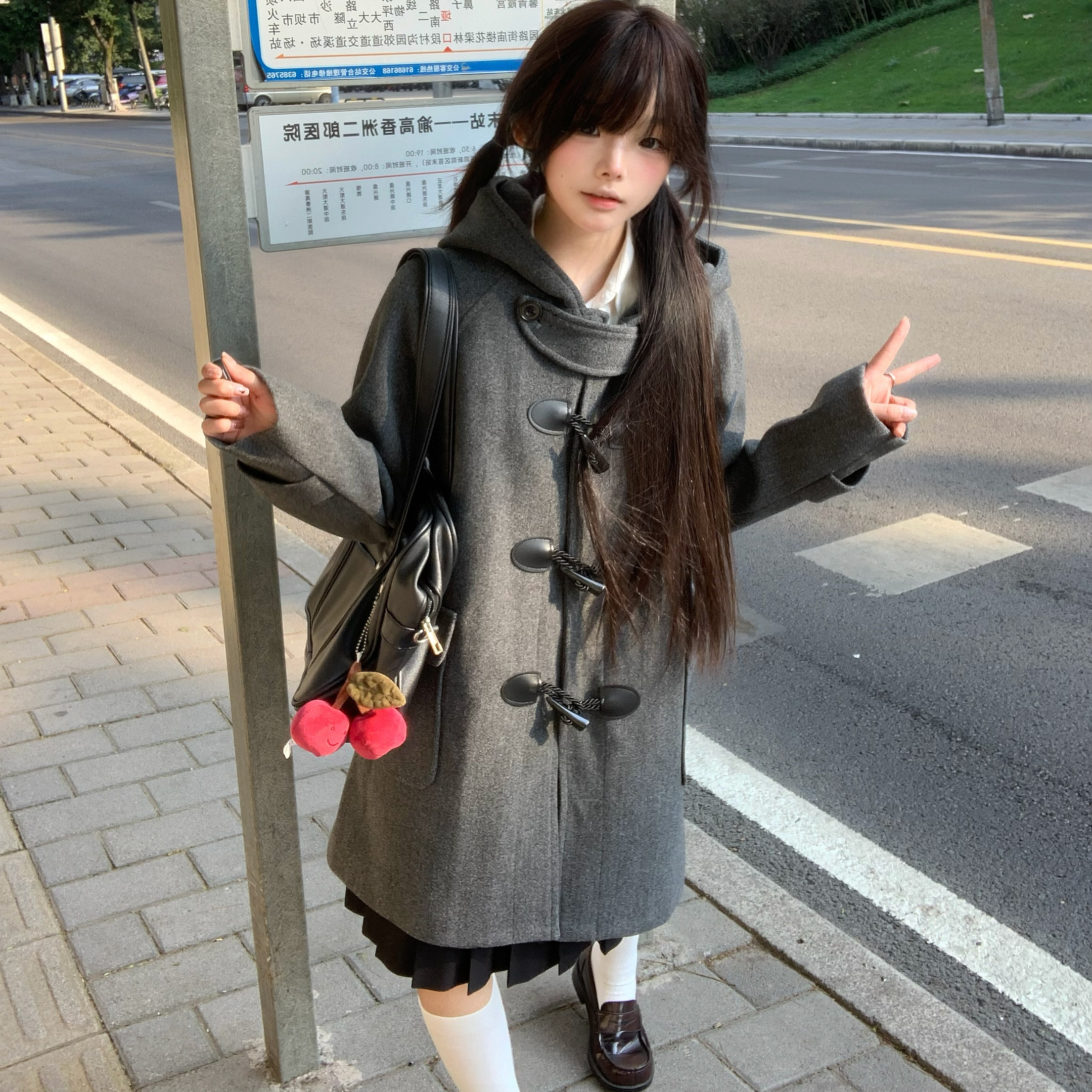 樱花兔jk学院风冬季新款韩系甜美风中长款牛角扣夹棉大衣毛呢外套