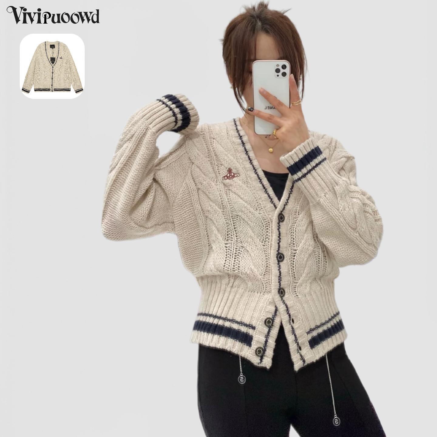 土星刺绣logo镂空撞色毛衣