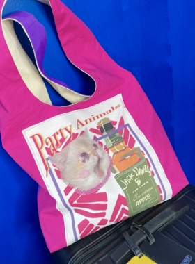 SIF商店手工原创小猫咪印花可爱大容量帆布购物袋手提单肩挎包