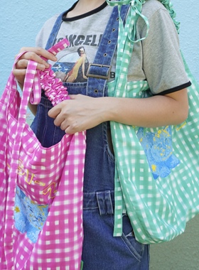 SIF商店新款原创森系格子刺绣猫咪图案大容量轻便单肩斜挎两用包