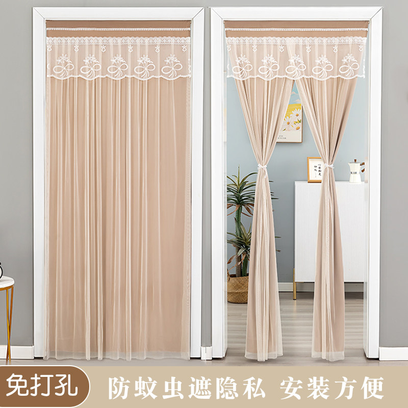 蕾丝双层门帘家用免打孔伸缩杆卧室隔断帘夏季防蚊纱帘厕所遮挡帘
