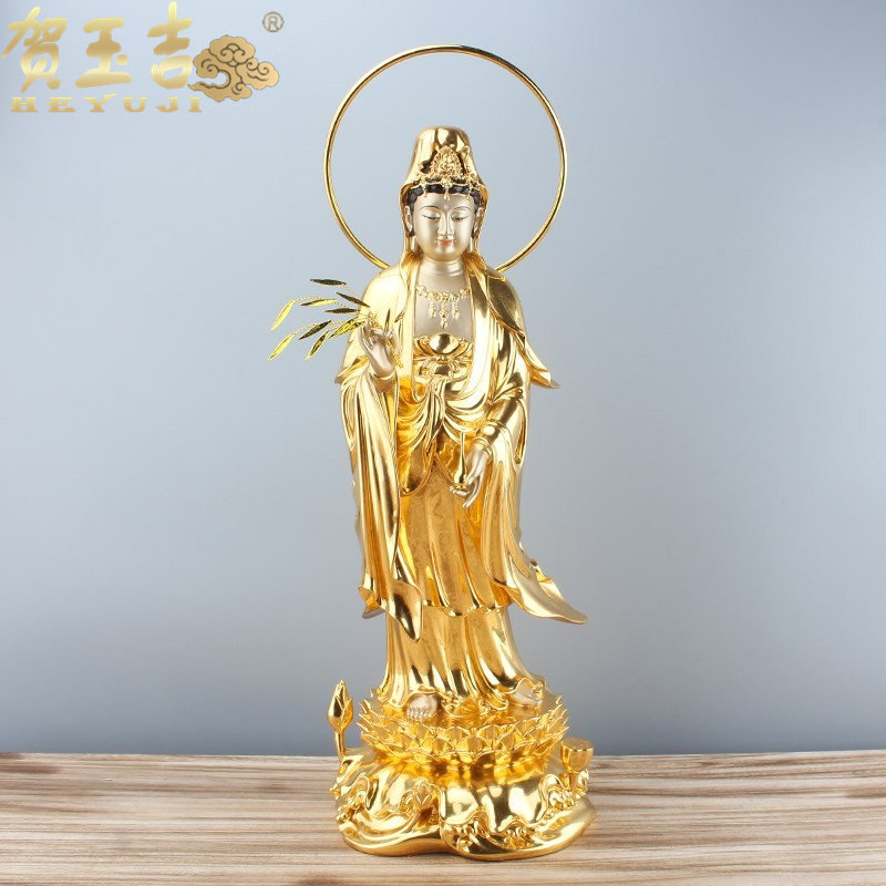 贺玉吉西方三圣佛像摆件纯铜贴金阿弥陀佛观世音菩萨大势至站像家