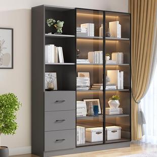 书柜落地组合简约收纳置物实木书橱展示陈列柜定制轻奢玻璃门书架