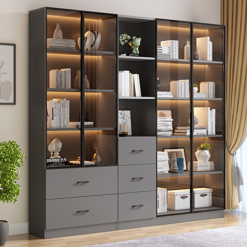 书柜落地组合实木书架简约收纳置物展示陈列柜定制玻璃门轻奢书橱