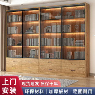 书柜家用玻璃推拉门书架落地组合定制储物柜客厅轻奢手办展示柜子