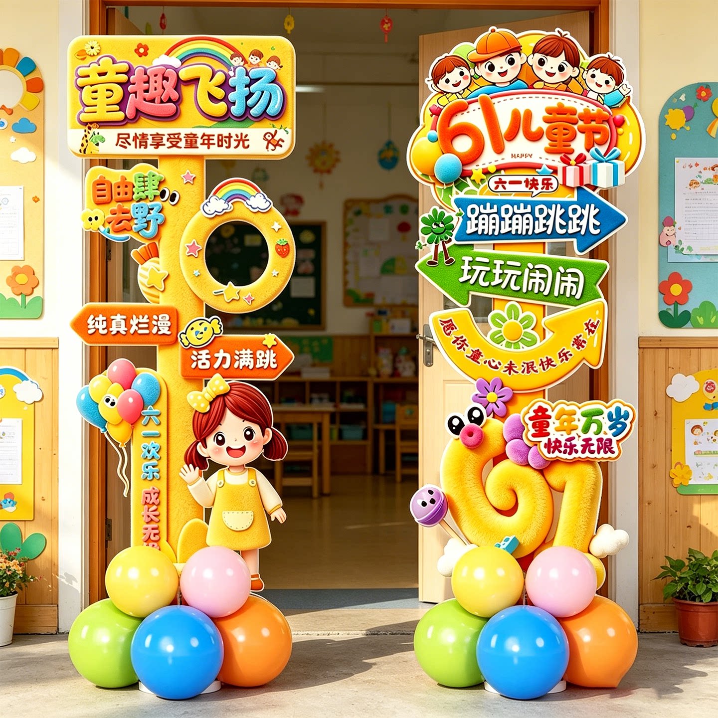 六一儿童节学校幼儿园教室门口装饰氛围场景布置kt板立柱气球迎宾